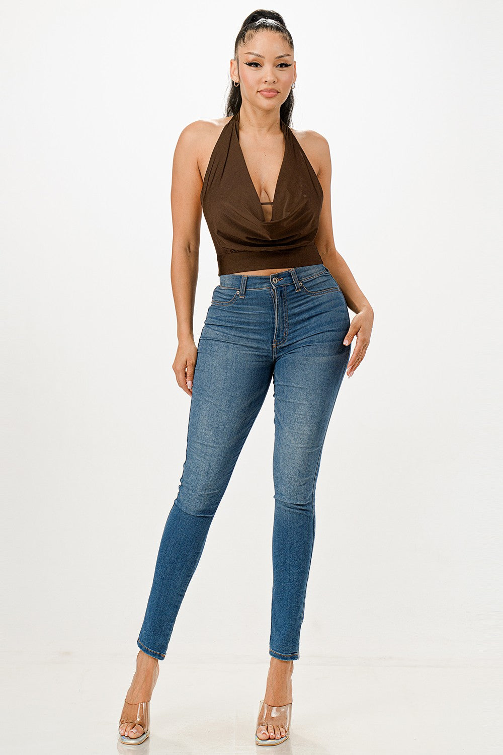 Cowl Neck Brown Halter Crop Top- T688